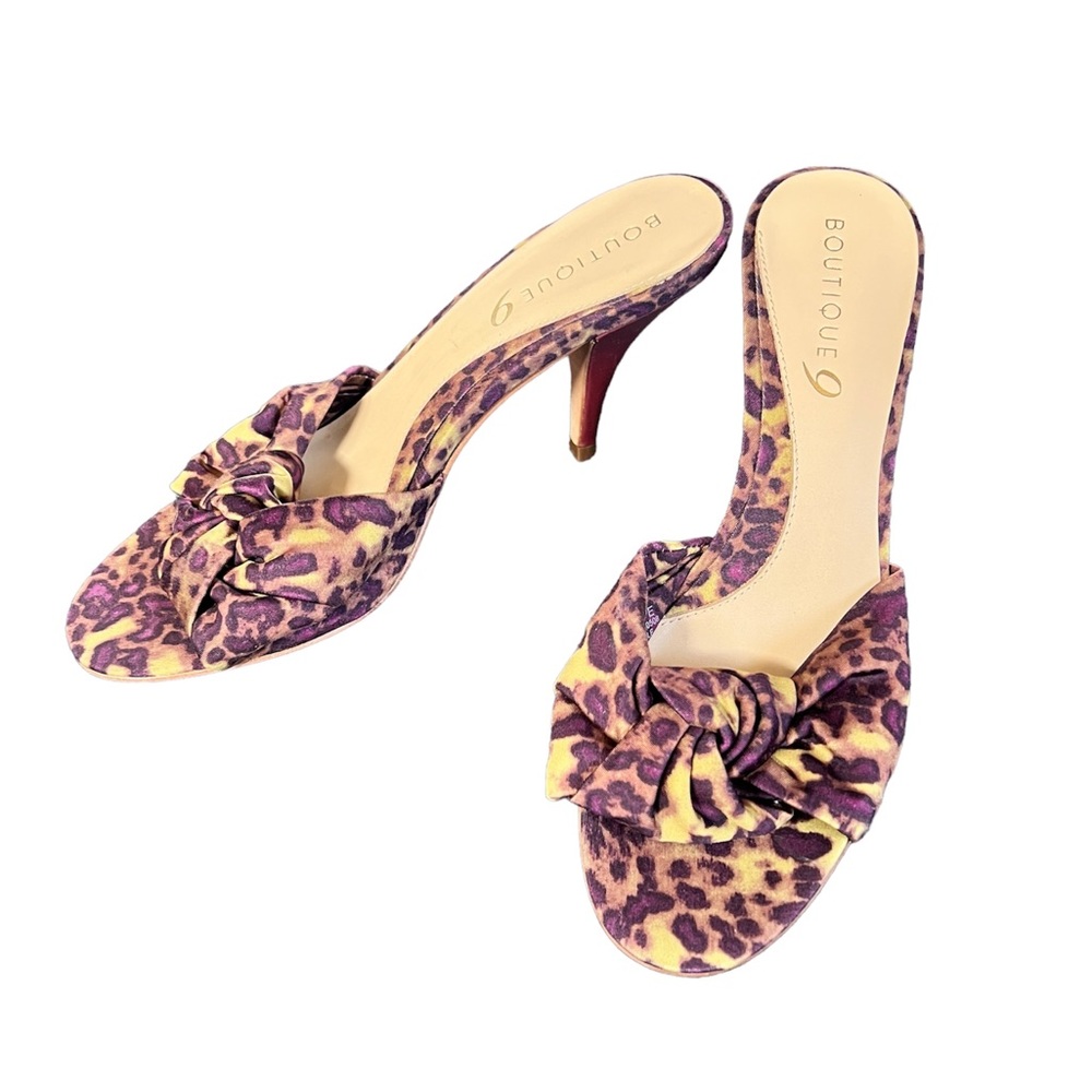 Boutique 9 Heels Penelope Animal Print Open Toe Slides Slip On Knotted EUC 8M